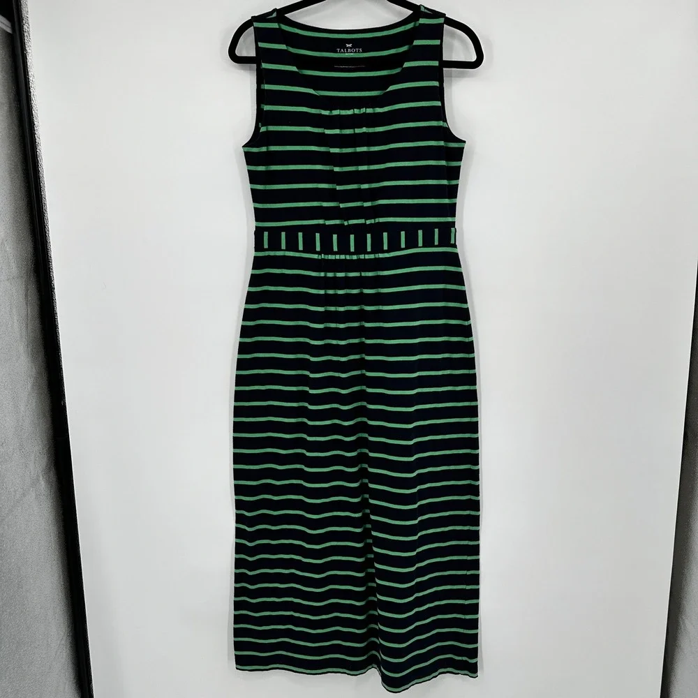 Talbots Petites Navy Green Striped Maxi Dress MP Empire Waist Sleeveless Cotton